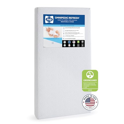 SEALY BABY OmniPedic Refresh Breathable 2 Stage Waterproof Crib Mattress Plus Toddler Bed Fit, Removable Knit Cover, GREENGUARD Gold Certified, Safety & Quality Tested, Made in USA, 52X28 -White
