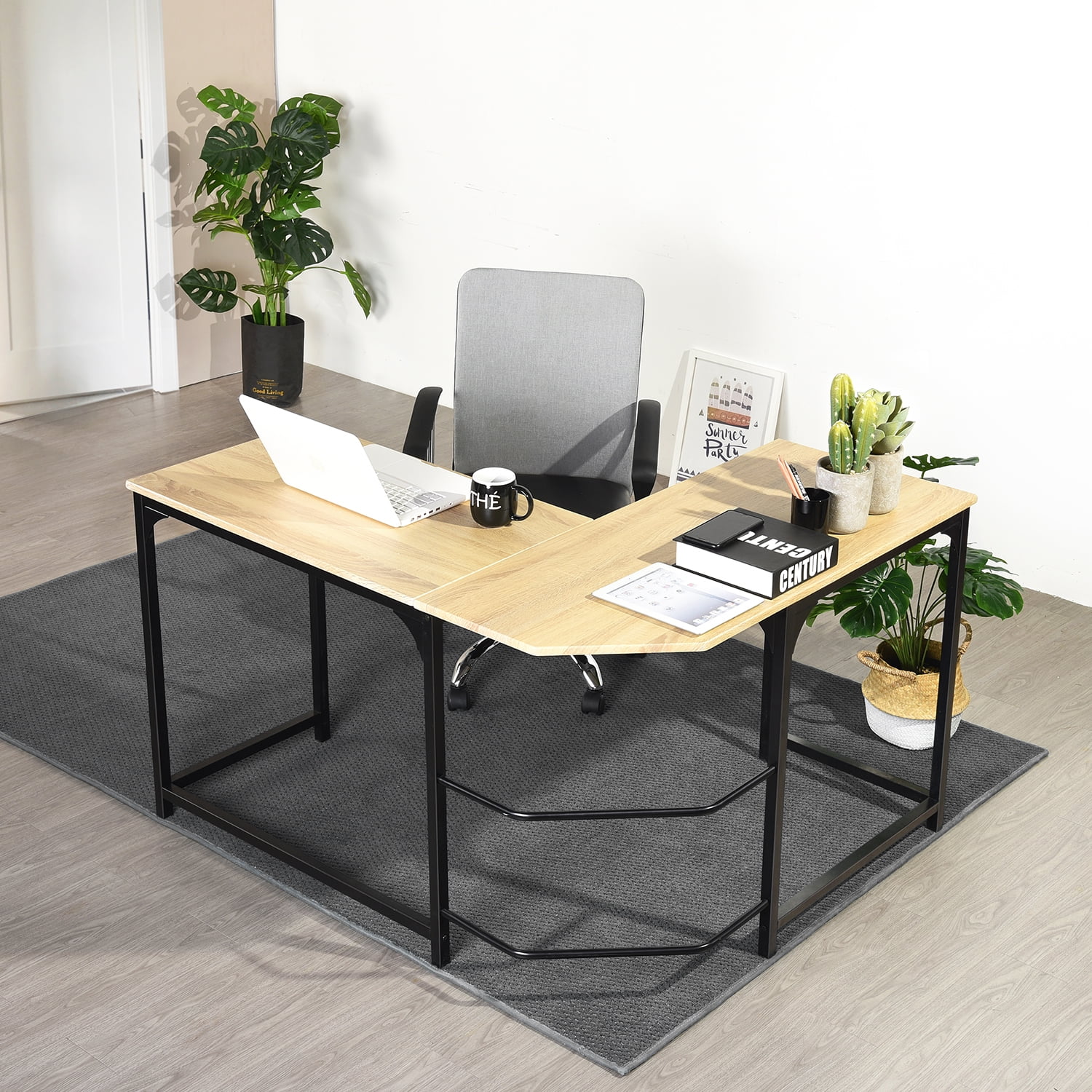 FurnitureR L-Shape Computer Desk Modern PC Laptop Study Home Saving Space Writing Desk with Metal Structure