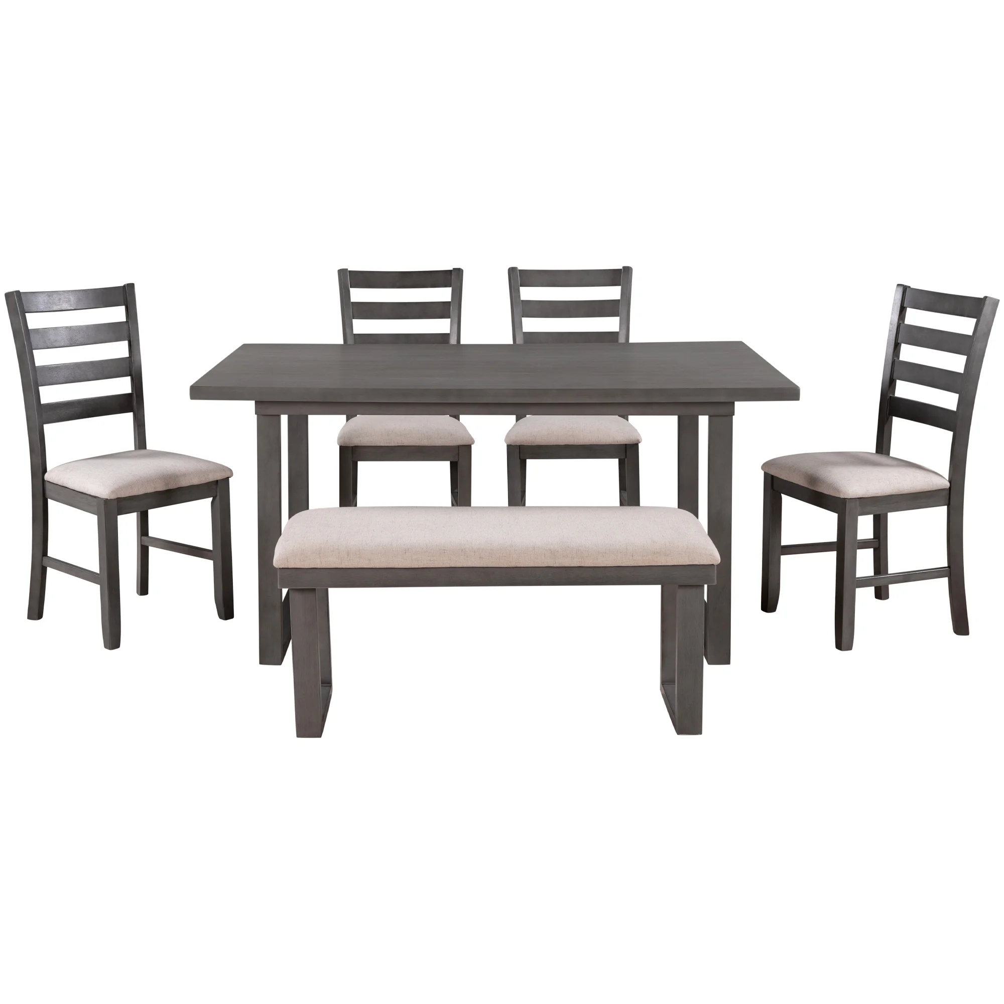 CoSoTower 6-Pieces Family Furniture, Solid Wood Dining Room Set With Rectangular Table & 4 Chairs With Bench, Gray