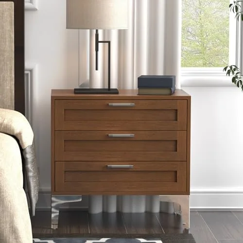 RUNFAYBIU Night Stand 3 Drawer Black Nightstand Dressers for Dedroom Mid-Century Modern Couch  End Table for Living Room Vintage Wood Bedside Table with Drawers&Polished Silver Legs