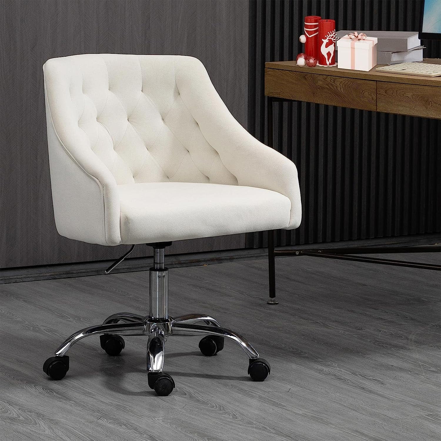 MOJAY Modern Velvet Office Chair with Swivel Function and Adjustable Height, White