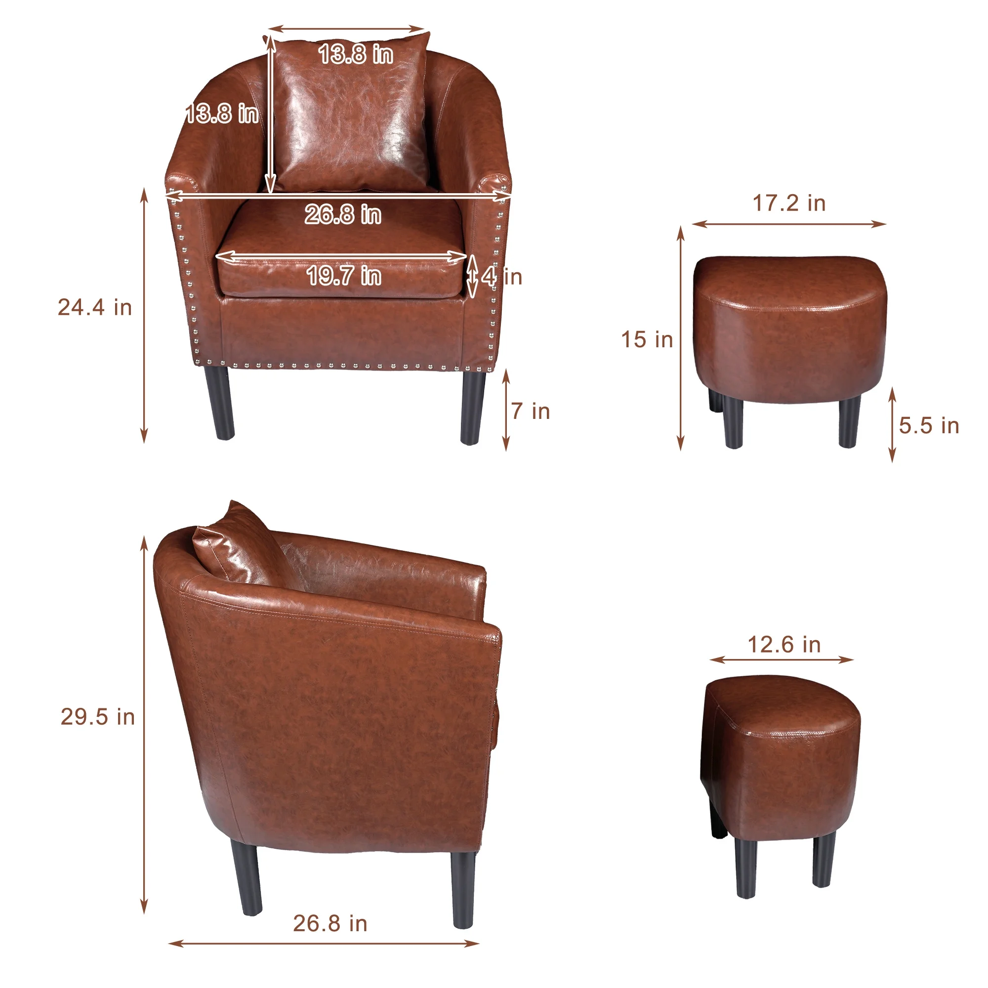 Living Room Chairs Faux Leather Modern Club Chair with Ottoman Cozy Arm Chair with 1 Pillow Brown