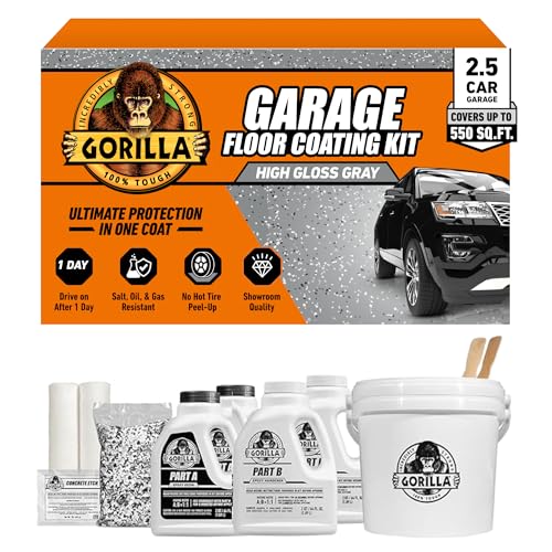 Gorilla Epoxy Garage Floor Coating (7 pc) Kit, 1-Car, Concrete Flooring, 100% Solids, Superior Adhesion, Incredibly Durable High Gloss Gray Finish, 275 sq. ft. Coverage