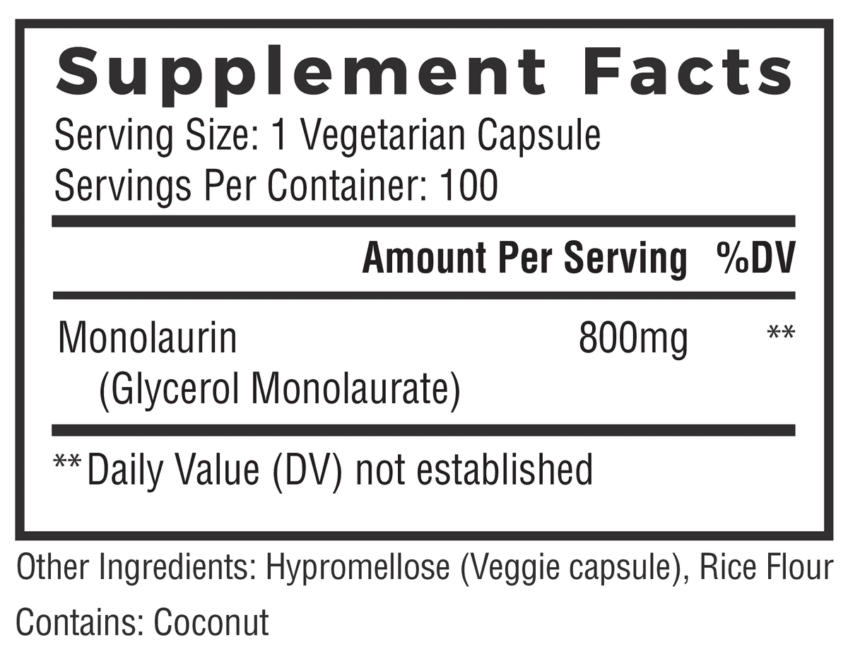 Natural Cure Labs Extra Strength Monolaurin from Lauric Acid, 800mg Per Capsule, 100 Count |  Vegan, Non-GMO, & Gluten Free Supplement, 1600mg Per Serving
