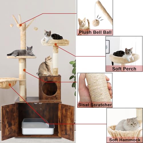 Cat Tree Tower with Litter Box Enclosure, 2-in-1 Wooden Cat Condo with Sisal Scratching Post, Hammock, Brown