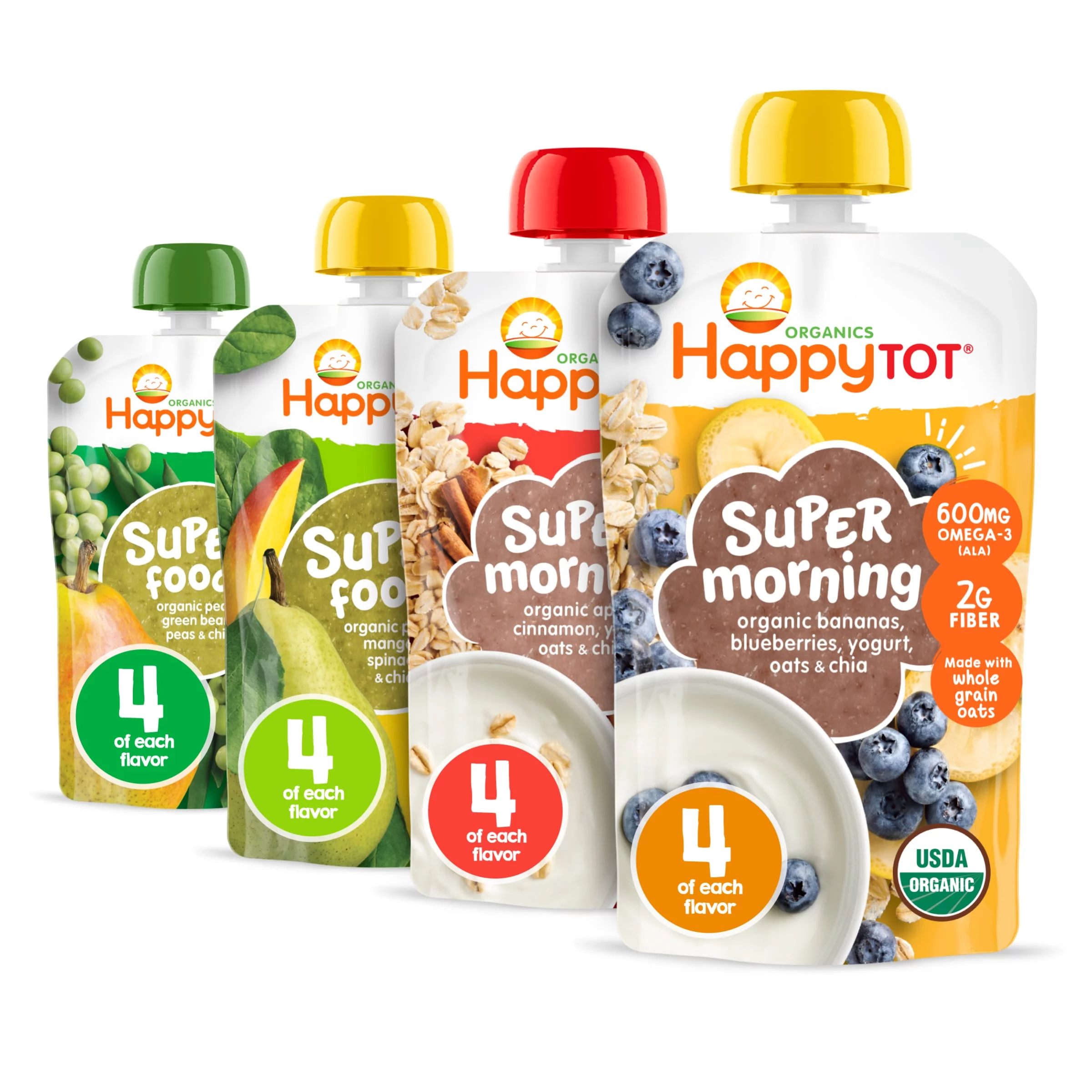 Happy Tot Organics SuperFoods & Super Morning, Stage 4, Four-Flavor Variety Pack, Organic Tot Food, 16 pack of pouches