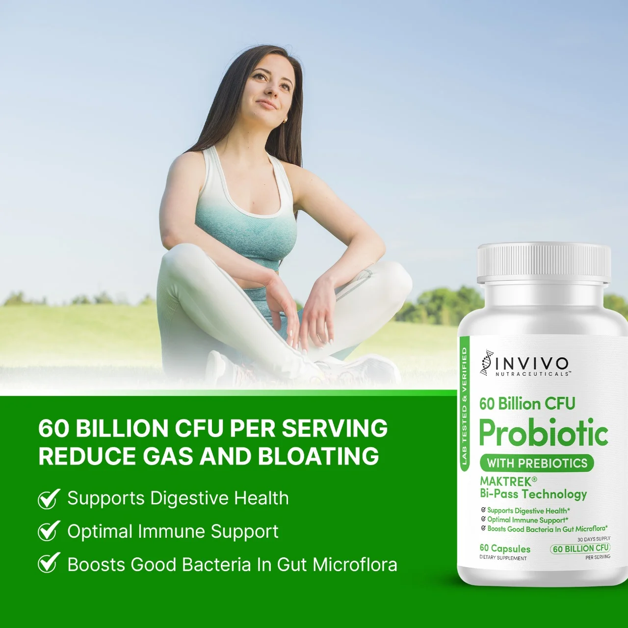INVIVO Nutraceuticals Probiotics for Women and Men CFU 60 Billion Digestive Immune Health 60 Caps