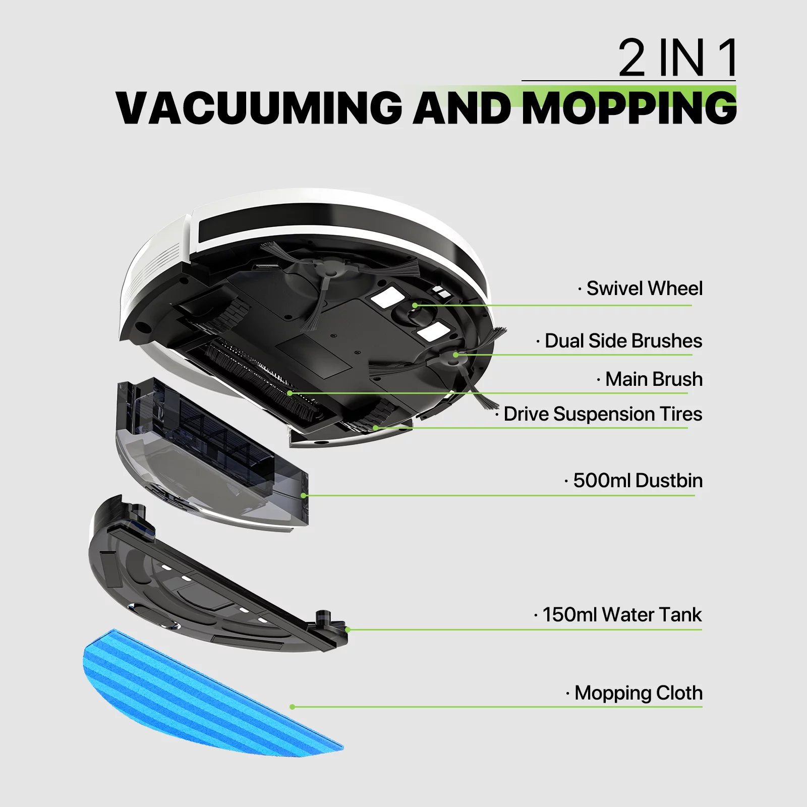 Magshion Robot Vacuum Cleaner, 2 in 1 Robot Vacuum and Mop Combo, Automatic Self-Charging Robotic Vacuum With WIFI Connection, 2800pa Strong Suction Power, White