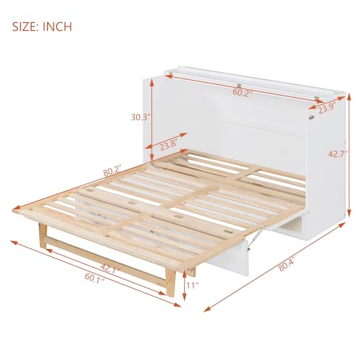 Ball & Cast Queen Size Solid Pine Murphy Bed Chest,Cabinet Hideaway Bed with Charging Station and Large Storage Drawer,Wood Wall Bed can be Folded,for Kids Bedroom,Student Dorms,White+Walnut