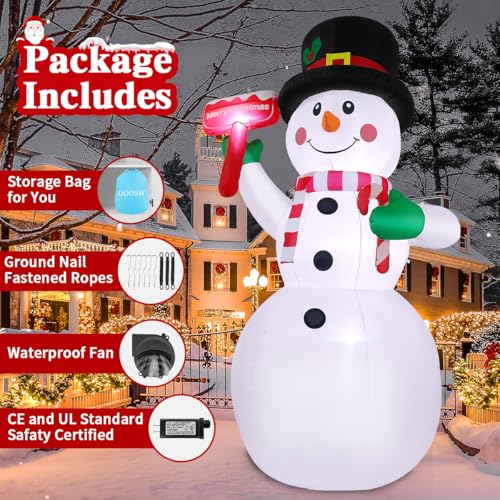 GOOSH 10.3 FT Christmas Inflatables Snowman Outdoor Decoration Blow Up Holds a Red Sign with Built-in LEDs for Garden Lawn Indoor Party Decor