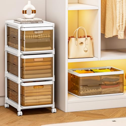 3 Drawer Storage Organzier - Plastic Drawer Stroage, Stackable Storage Drawers, Storage Bins with Wheels, Foldable Drawer Organizer, 20 Quart/Bin, Total 60 Qurat