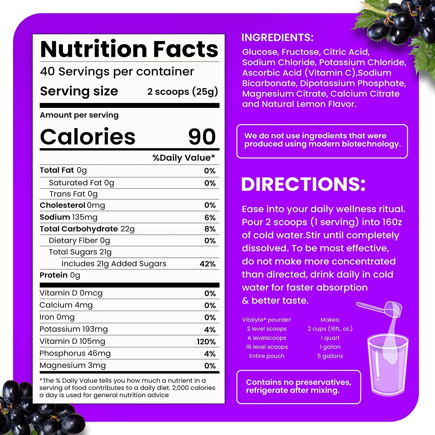 Vitalyte Electrolyte Replacement Powder Drink Mix, 40 16 Ounces per Serving (Grape)