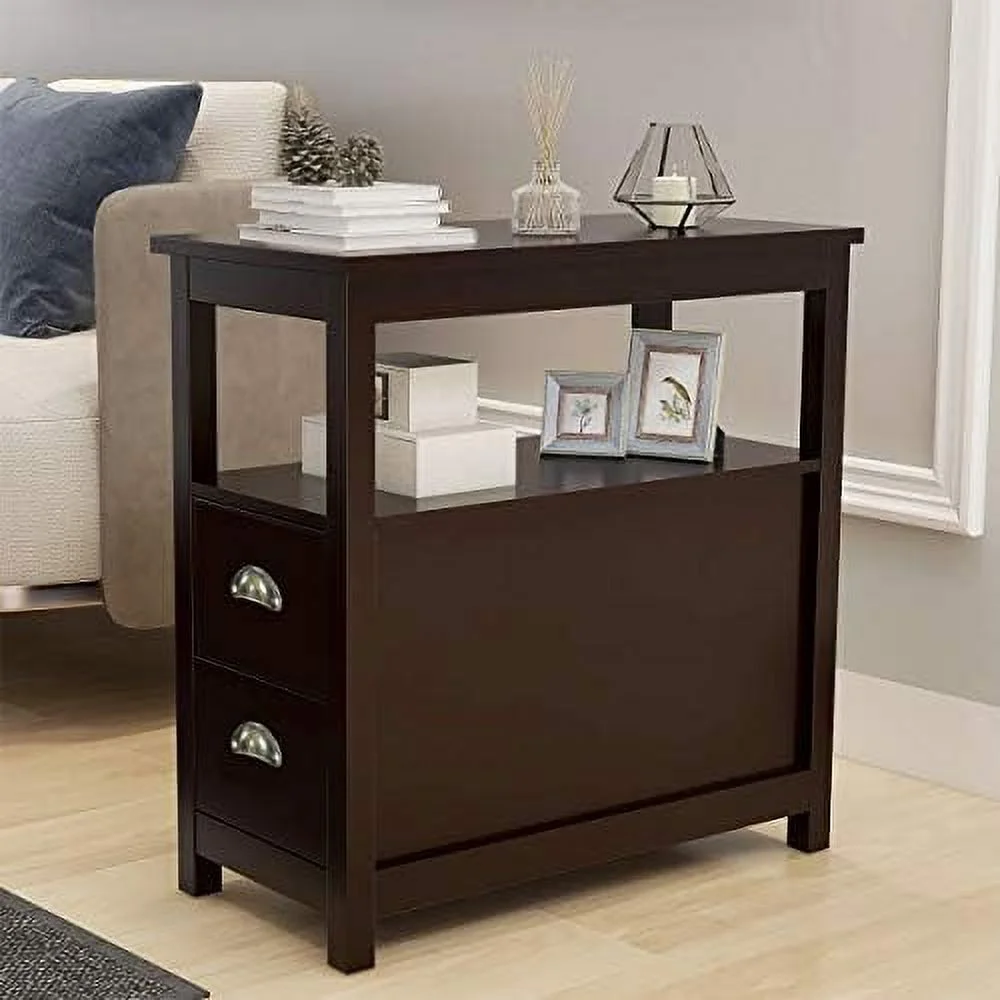 TJUNBOLIFE End Table with 2 Drawer and Open  Narrow Nightstand for Living Room Sofa  (Espresso)