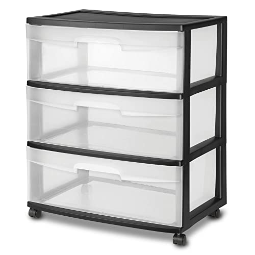 Plastic Storage Drawer Cart, Medium Home Organization Storage Container with 3 Large Clear Drawers With Wheels (Black), 3SDC-01