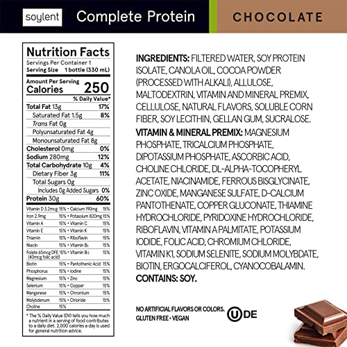 Soylent Complete Protein Shake, Chocolate, 30g Protein, Vegan, Dairy Free and 0g Sugar, Ready to Drink Protein Drinks, 11oz (12 Pack)