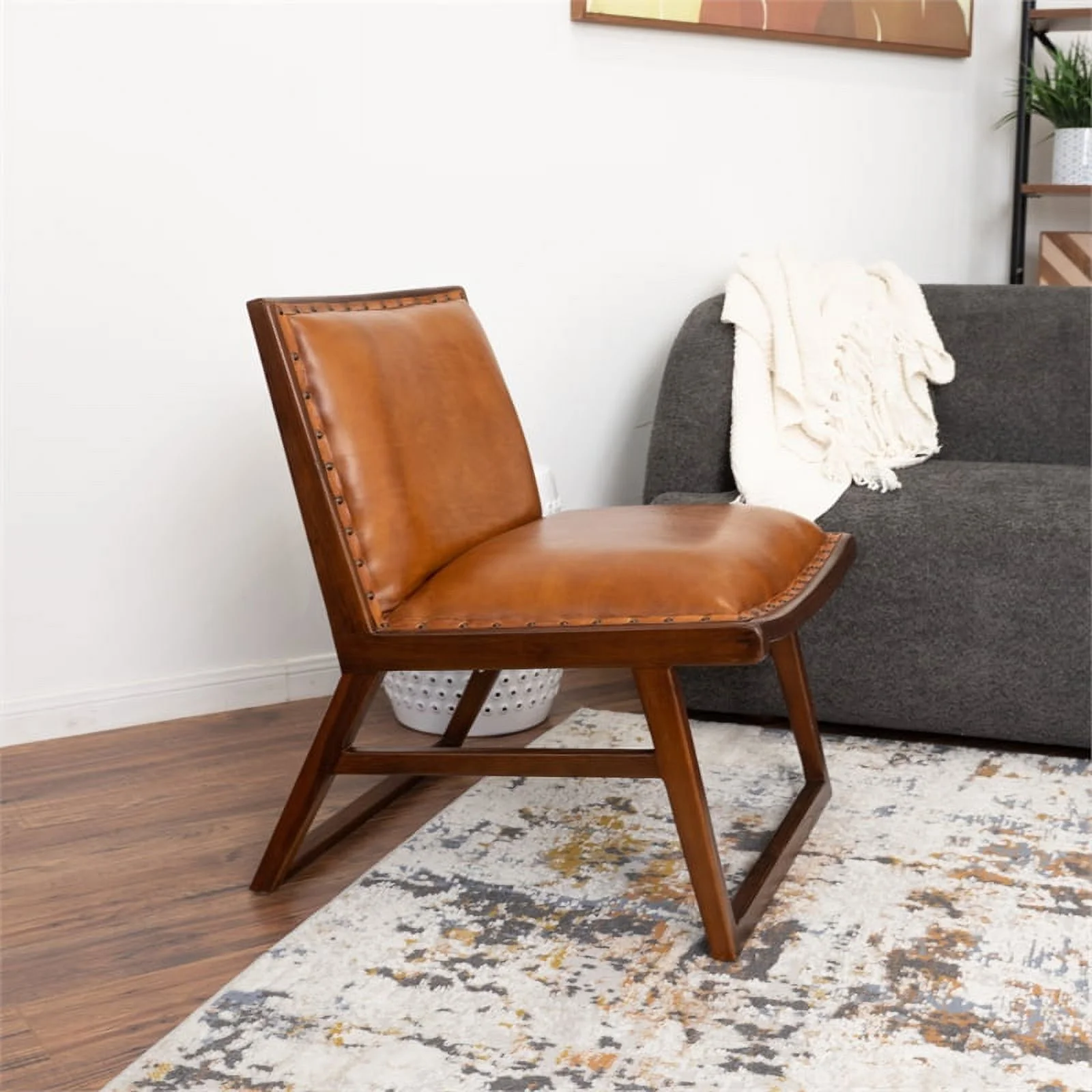Rohan Mid-Century Modern Tight Back Genuine Leather Lounge Chair in Tan