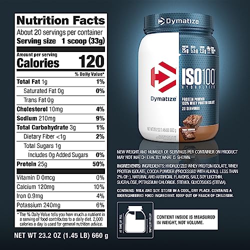 Dymatize ISO100 Whey Protein Powder Isolate, Cookies & Cream, 25g of Protein, 20 Servings, 5.5g BCAAs, Less Than 120 Cal., Gluten Free, 1g Fat, 1g Sugar, 2g Carb