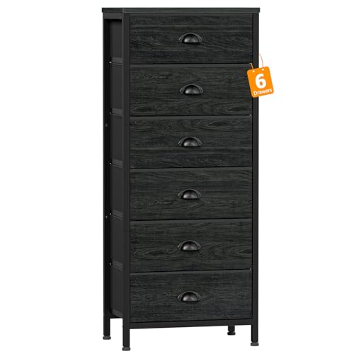 Furnulem Bedroom Dresser, Tall Dressers & Chests of Drawers with 7 Fabric Bins, Black Dresser Organizer in Closet,Dorm,Living Room,Nursery,Hallyway-Storage Tower Unit Sturdy Steel Frame, Black Oak