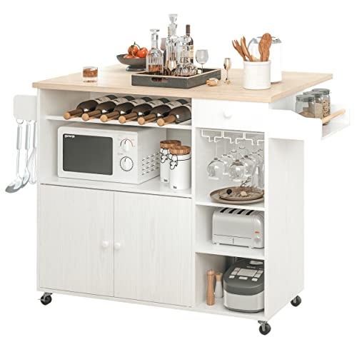 IRONCK Rolling Kitchen Island Cart with Drop-Leaf and Wine Rack, Microwave Rack Serving Cart on Wheels with Drawer & Shelves & Spice Rack & Cup Hanging, White