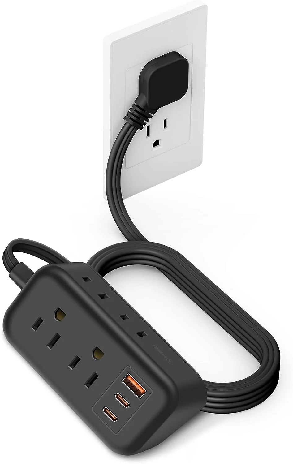 Ultra Thin 10FT Extension Cord, HEZI 800J Surge Protector Flat Plug Power Strip with 4 Outlets 3 USB Ports (2 USB C),