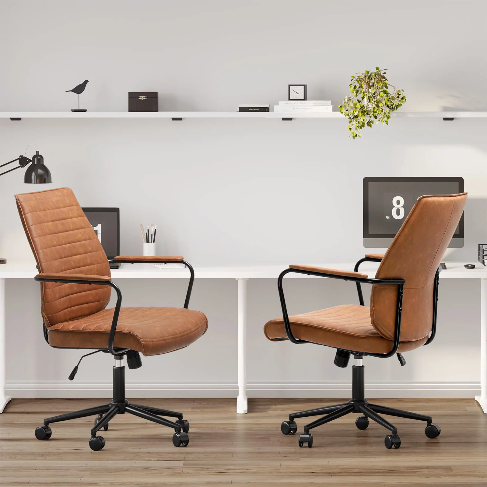 Leather Home Office Chairs Brown Task Desk Chair with Wheels&Armrest,Adjustable Height,Capacity 400lbs