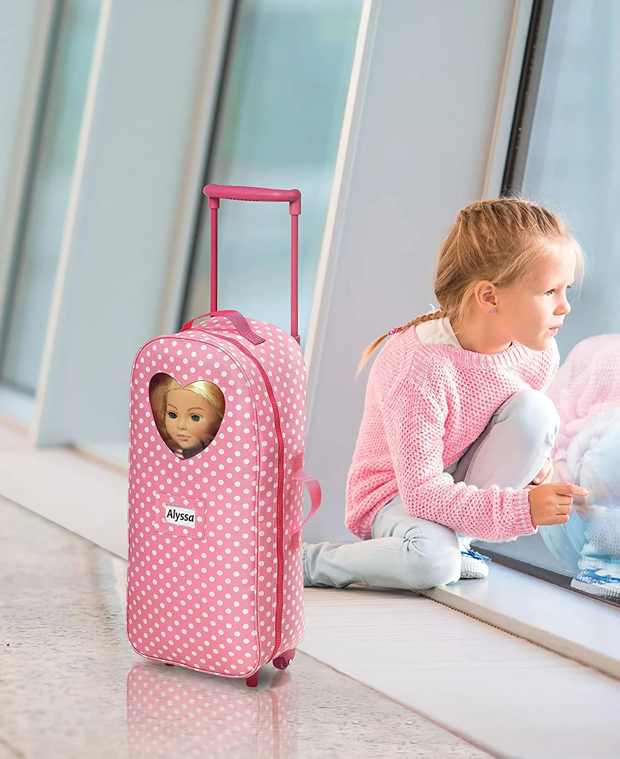 Badger Basket 3-in-1 Trolley Doll Carrier with Rocking Bed and Bedding - Pink/Polka Dot-Material:100% Polyester Fabric