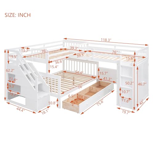 Merax L-Shaped Triple Bunk Bed with Desk & Stairs, Twin & Twin Over Full Bunk Bed for 3, Storage Drawers and Wardrobe Included, for Adults, Boys & Girls, White