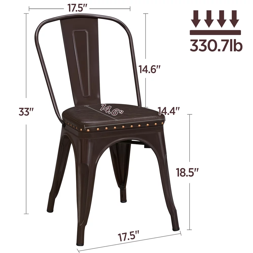 SMILE MART Industrial Metal Studded Dining Chair with Cushion, Set of 4, Brown