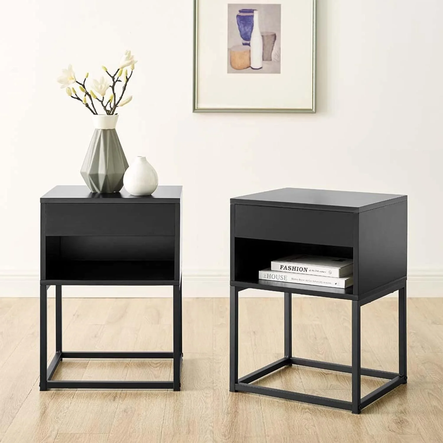 Inch Tall Simple Rectangular End Table Nightstand With Flat Top, Pull Out Drawer, And Open Shelving, Metal Leg Design, Black