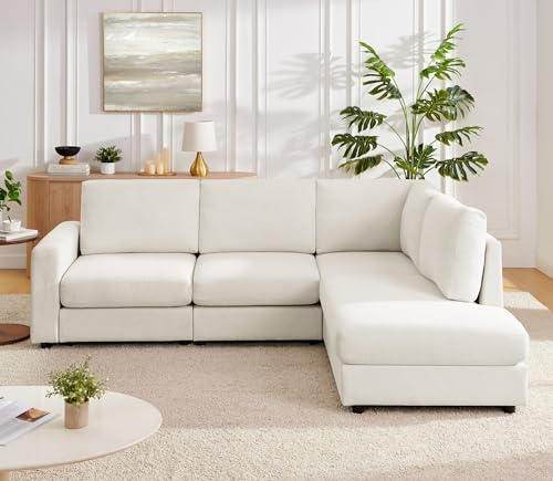 100“ L Shaped Couch with Reversible Chaise, Convertible 4 Seater Sectional Sofas Couch for Living Room,Apartment (Cream)