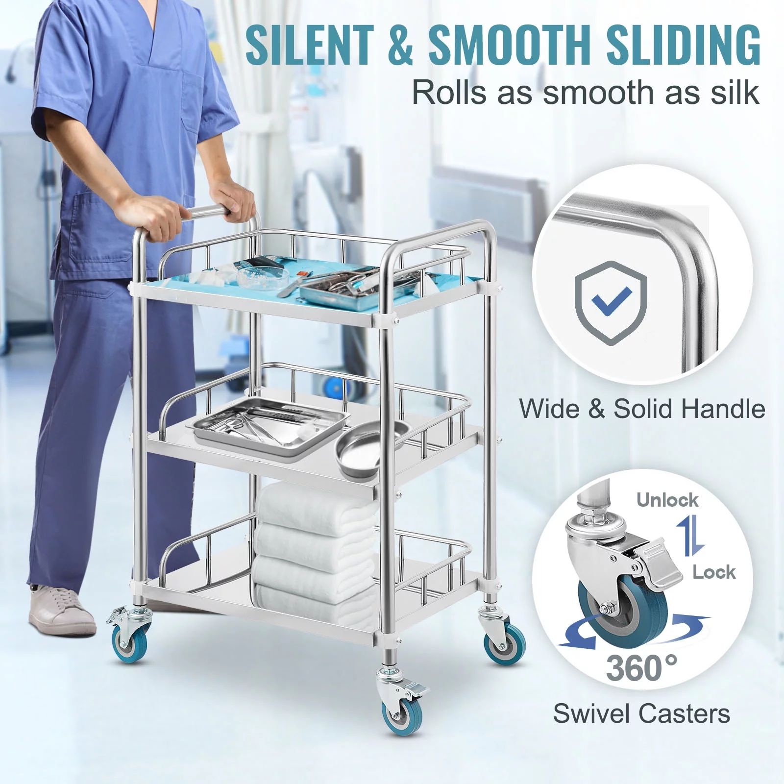 BENTISM 3-Layer Stainless Steel Lab Medical Equipment Cart Trolley