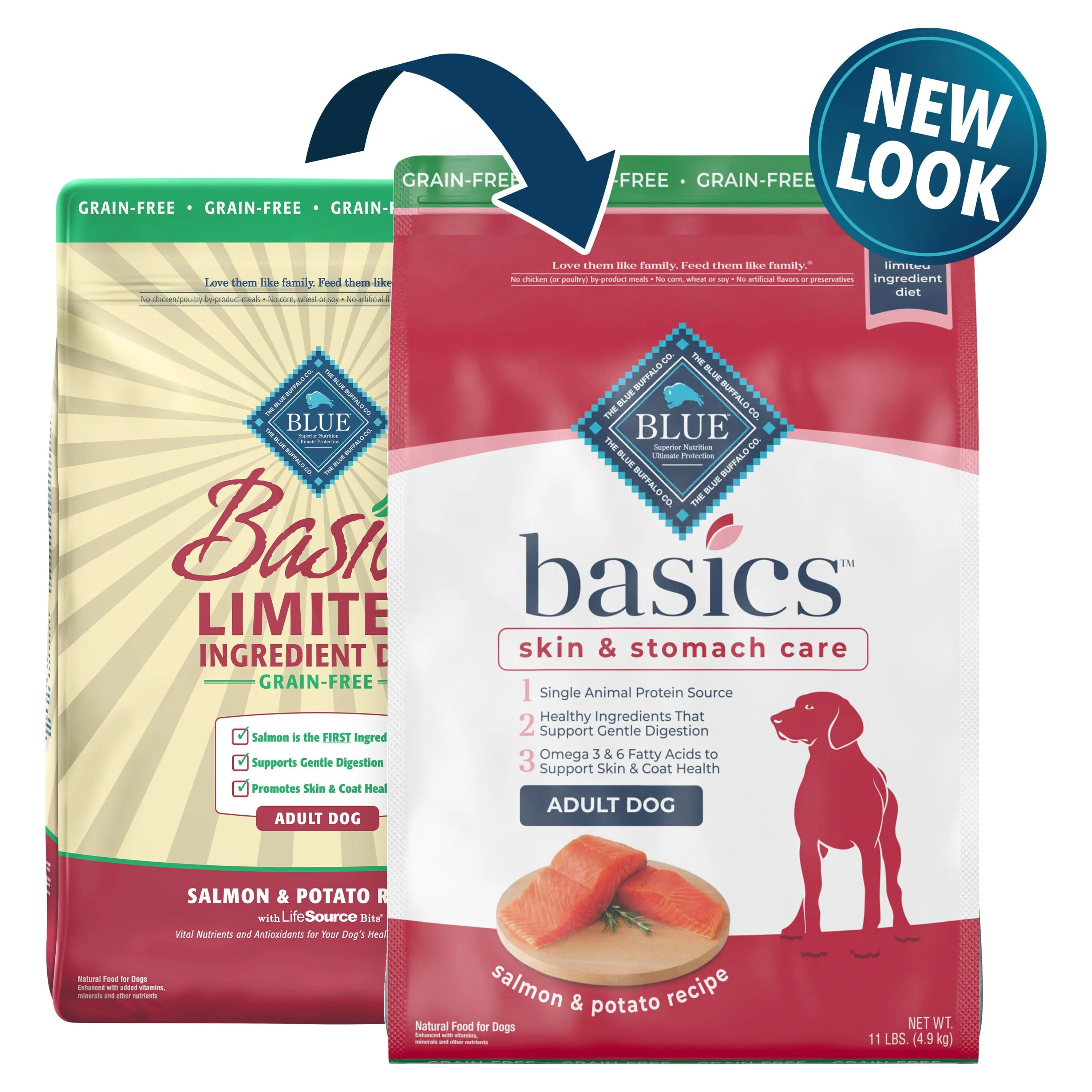 Blue Buffalo Basics Skin & Stomach Care Salmon and Potato Dry Dog Food for Adult Dogs, Grain-Free, 11 lb. Bag