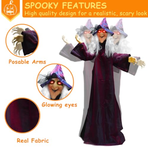 72In Halloween Animatronics Witch, Life Size Talking Animated Witch with Light Up Eyes and Creepy Sound for Halloween Outdoor, Lawn, Yard, Haunted House Decorations