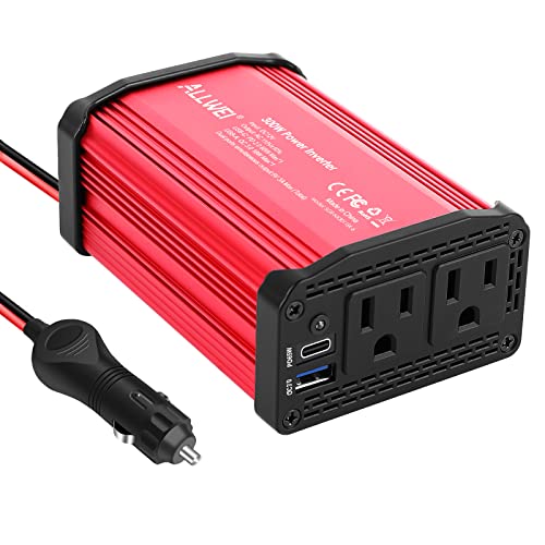 300W Car Power Inverter 12v to 110v, Car Plug in Adapter Outlet with PD 27w USB-C and Fast Charger 18w USB-A, Car Outlet Adapter, Car Converter to Outlet Plug, Power Inverters for Vehicles (Blue)
