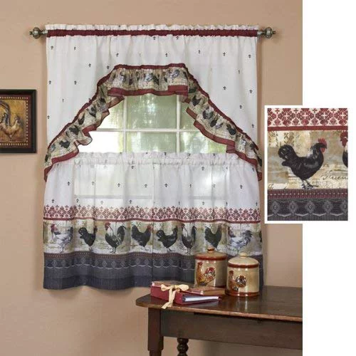 Achim Home Furnishings ROTS36BU12 Rooster Tier and Swag Set, 57" x 36", Burgundy 57" x 36" NEW