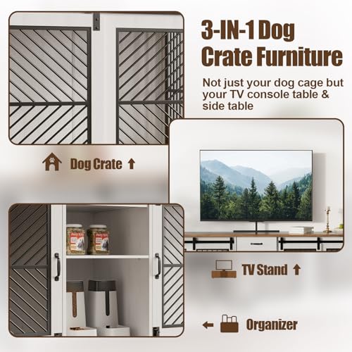 86.6” Large Dog Crate Furniture for 2 Dogs, Decorative Wooden Double Dog Kennel Indoor, Dog Cage TV Stand with Durable Lock & Storage Shelves for Medium Small Pets