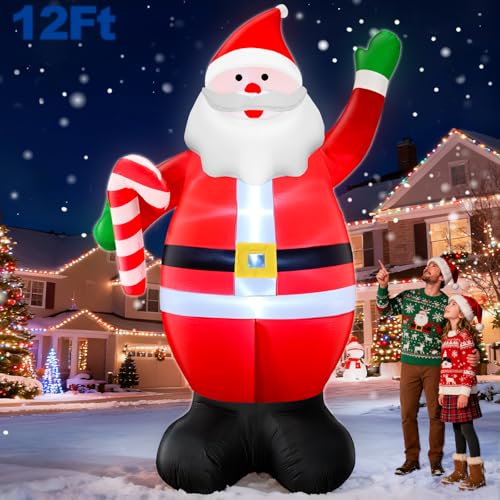 12 Ft by 7 Ft Giant Christmas Inflatables Santa Claus Christmas Decorations Outdoor, Blow Up Santa Holds Candy Cane with Built-in LED Lights Tethers Stakes for Yard Lawn Garden Holiday Party Decor