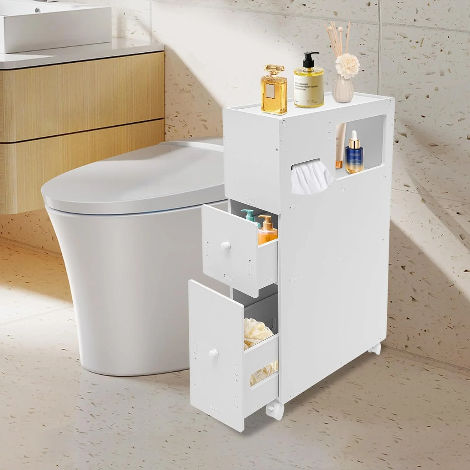 Bathroom Storage Cabinet, Slim Bathroom Storage Cabinet, Storage Cabinet for Small Spaces, Small Bathroom Storage Cabinet with Toilet Roll Holder, Movable Narrow Toilet Side Cabinet with Wheels