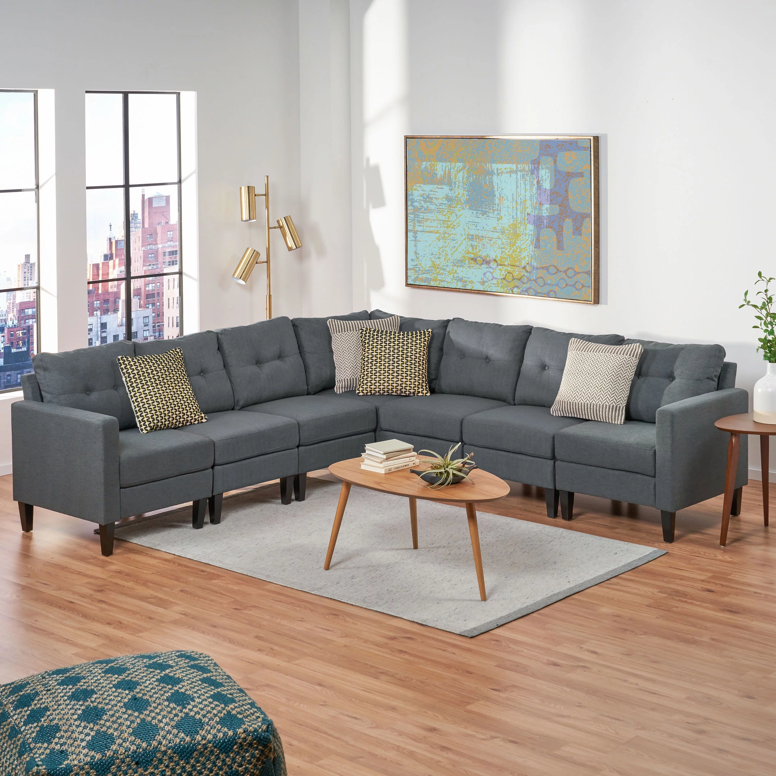Niya Mid Century Modern 7 Piece Fabric Extended Sectional Sofa