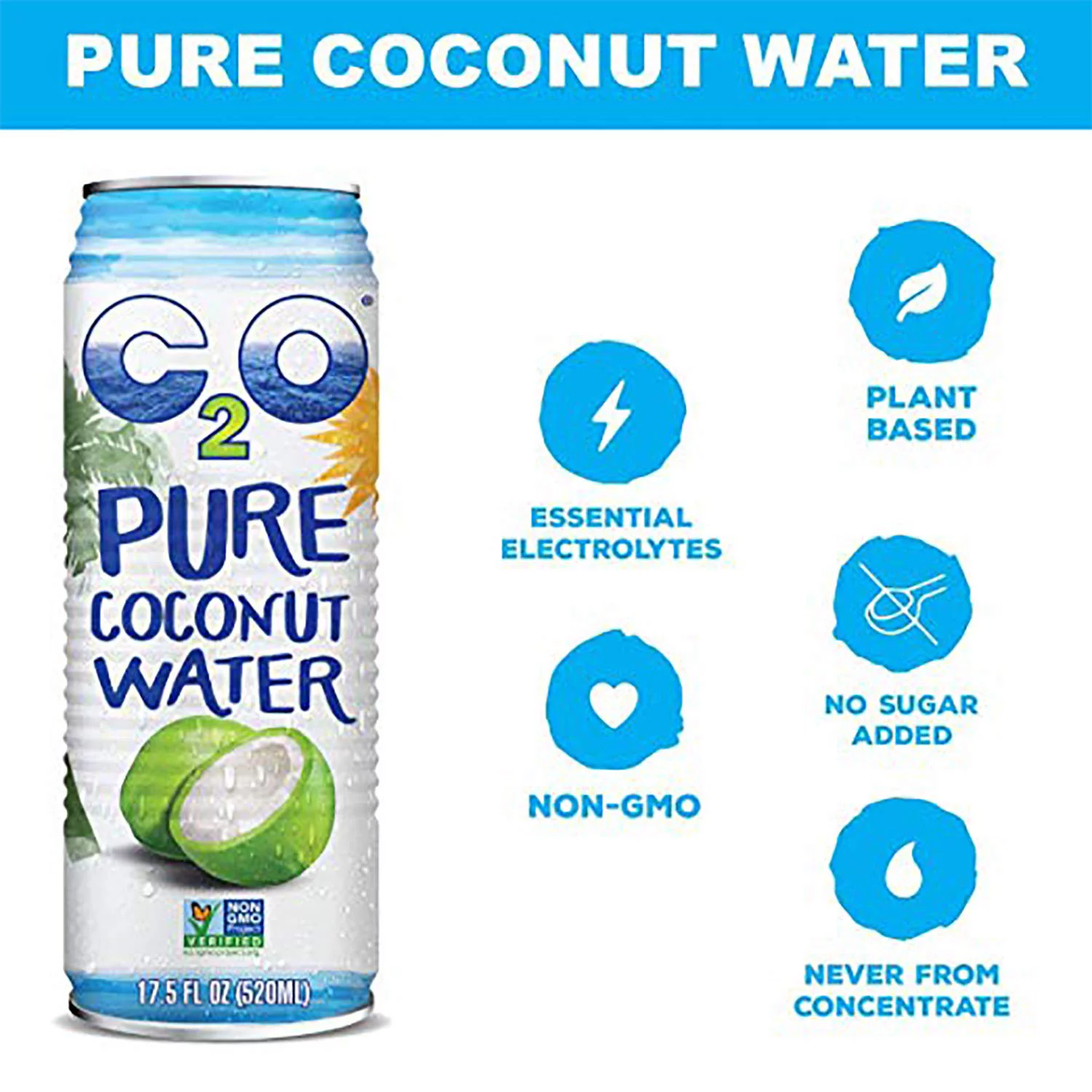 C2O Pure Coconut Water | Plant Based | Non-GMO | No Added Sugar | Essential Electrolytes | 17.5 FL OZ (Pack of 12)