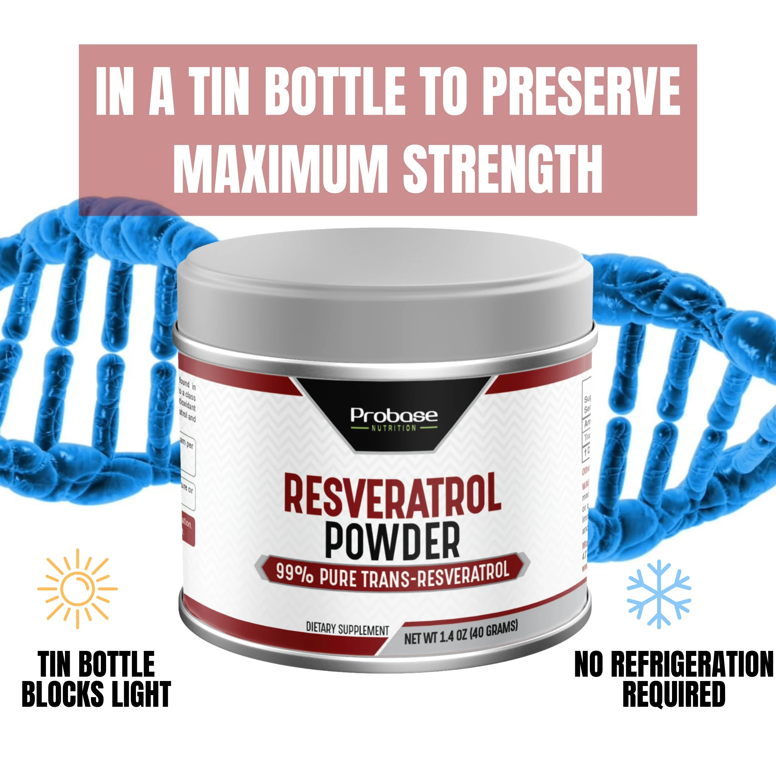 Probase Nutrition 99% Micronized Trans-Resveratrol Powder - 1000mg | Pure Pharmaceutical Grade Trans-Resveratrol Powder, 40g Jar, 40-Day Supply