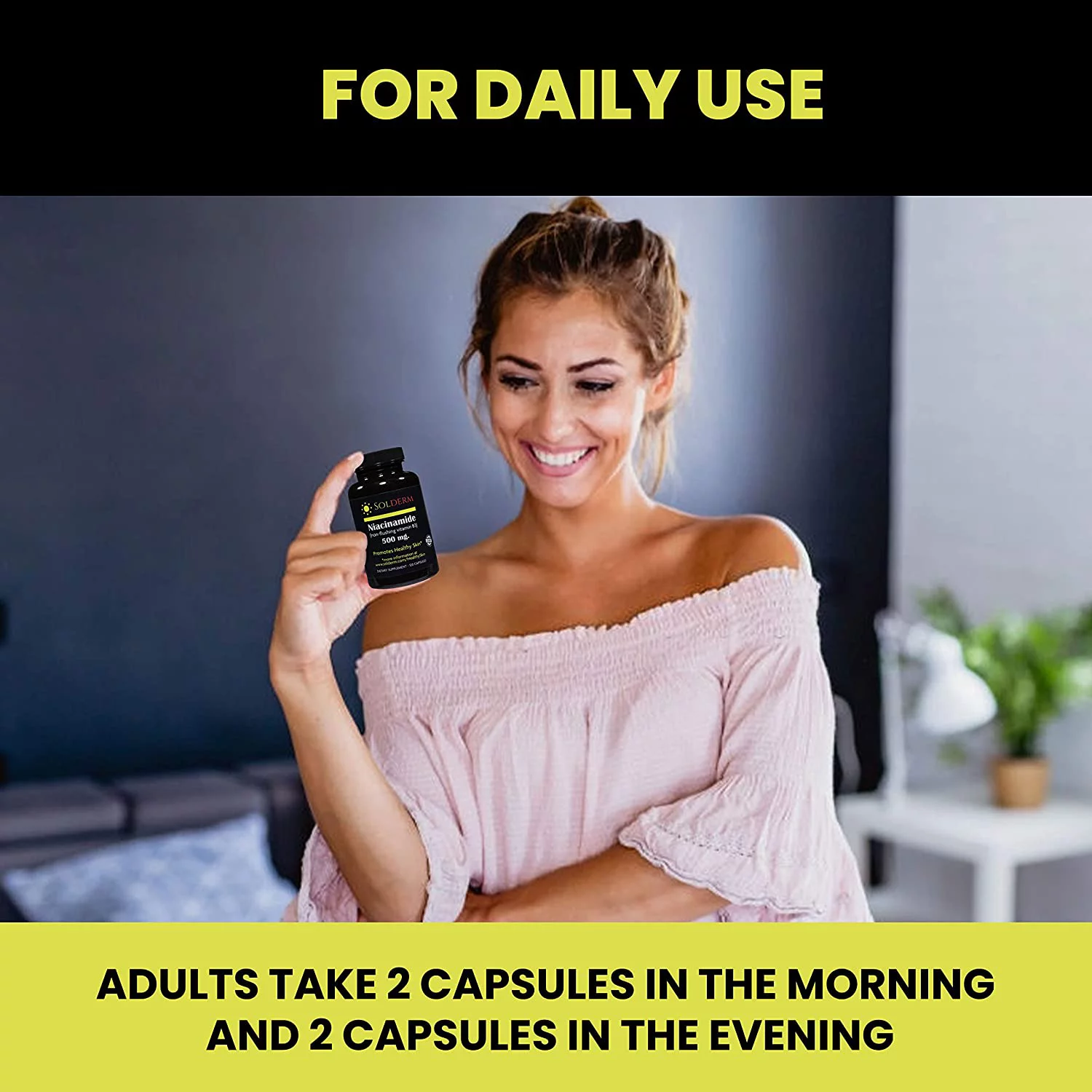 Solderm Nicotinamide with Vitamin D3 & Non-Flushing B3 | 500 Mg, 2000 IU | Vegetarian, Gluten-Free 120 Capsules | Promotes Healthy Skin