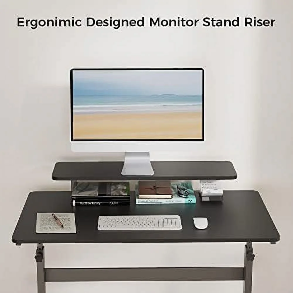 HJZBNONE Ergonomic Mobile Standing Desk 41 Inch  Lockable Home Office Height Adjustable Computer Desk PC Table with Hutch  Teak Top