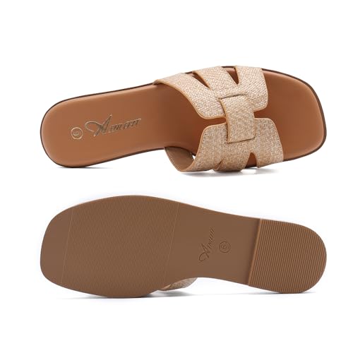 Athlefit Women's Flat Sandals Dressy Summer Square Open Toe Slip On Leather Slide Sandals