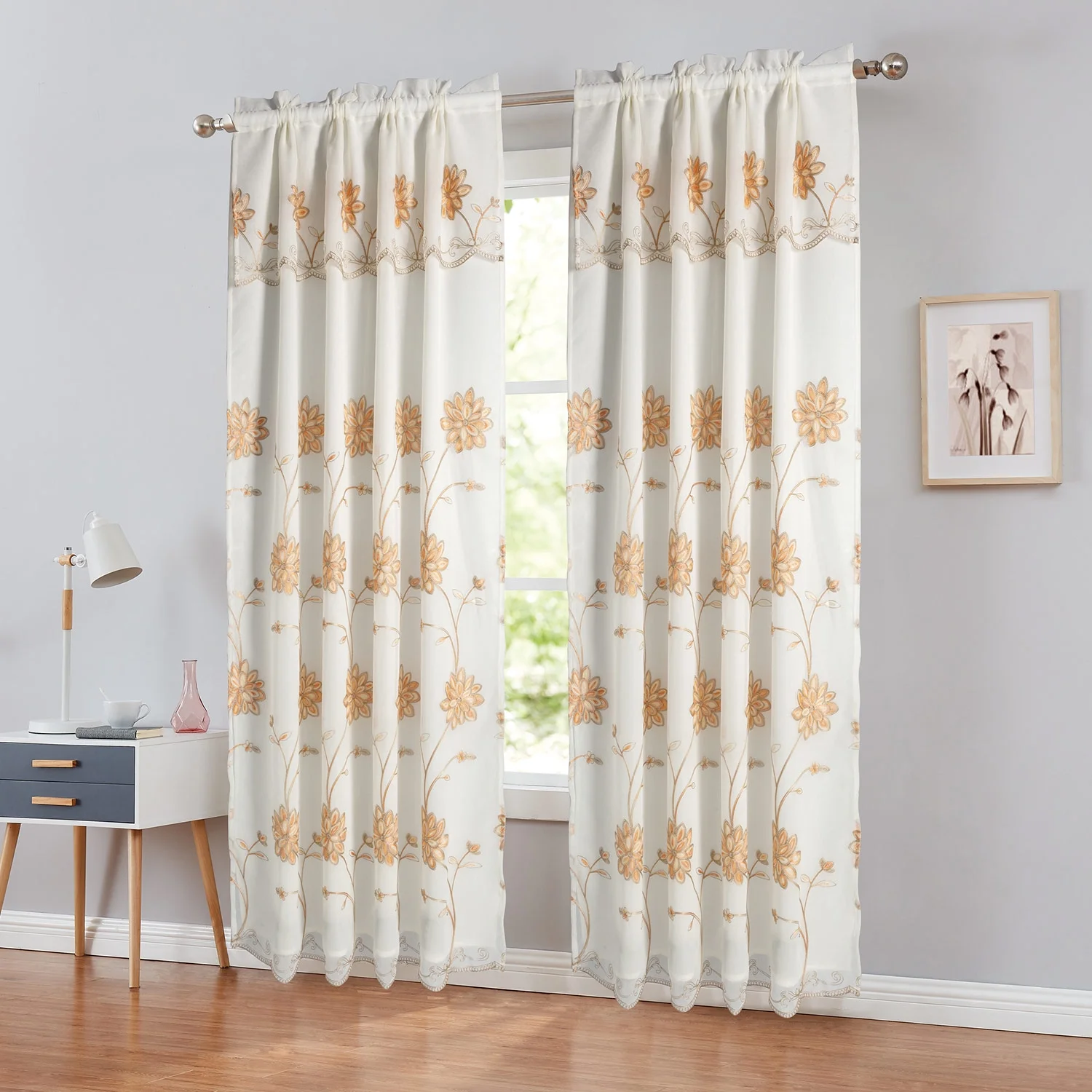 Brynn Floral Embroidered Motifs Rod Pocket Panel with Attached Valance & Backing by PREMIUS, Brighten Home Spaces & Solid Backdrop, Light & Elegant Look Perfect Any Space, 54x90 Inches Each (Orange)