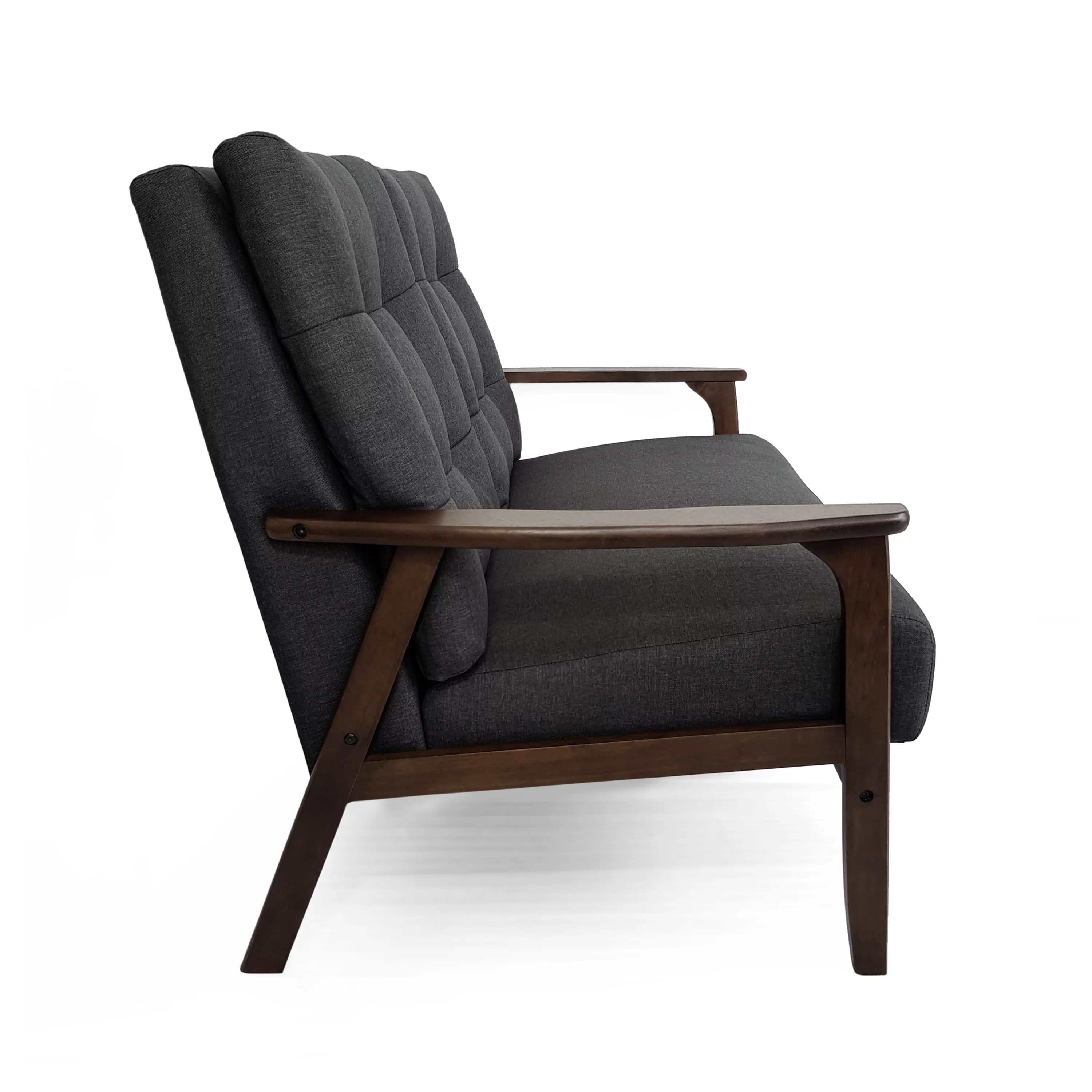 GDF Studio Prescott Mid Century Modern Fabric Tufted 2 Piece Sofa and Loveseat Living Room Set, Charcoal Gray and Walnut