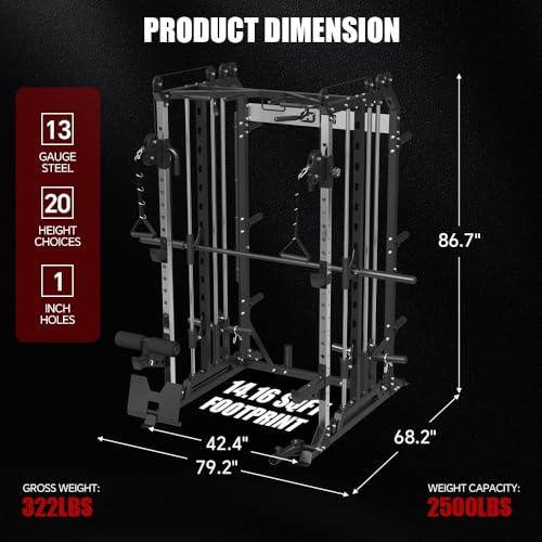 SmithMachine Power Cage, All-in-One Home Gym Squat Rack with Barbell, LAT-Pull Down & Cable Crossover System, Multi-Function Cage Training Equipment with Leg Hold-Down Attachment for Home Gym