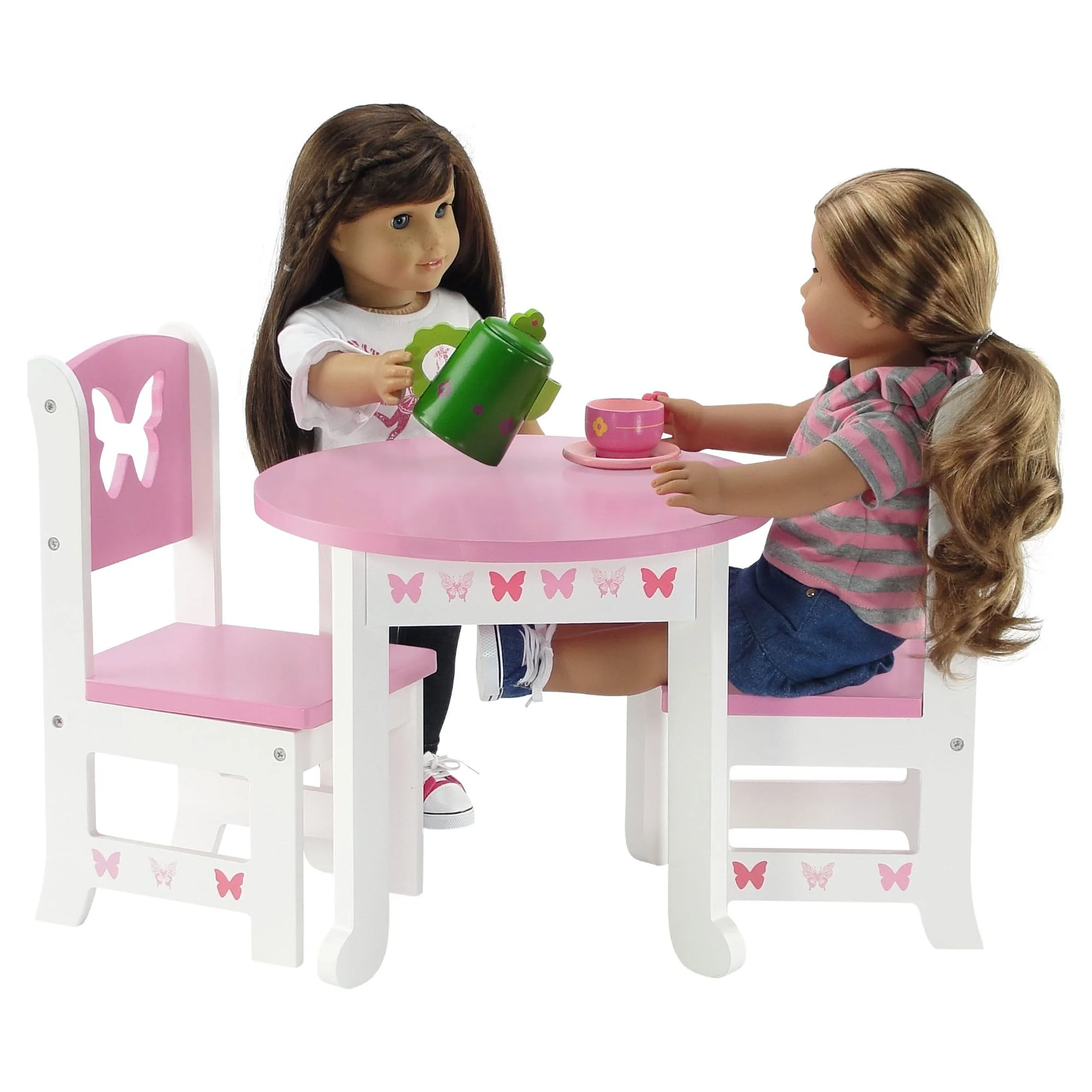 Emily Rose 18 Inch Doll Table and 4 Chairs Kitchen Furniture Set | Lovely Pink and White Table and 4 Chair Value Pack Doll Dining Set with Beautiful Butterfly Motif | Fits American Girl Dolls