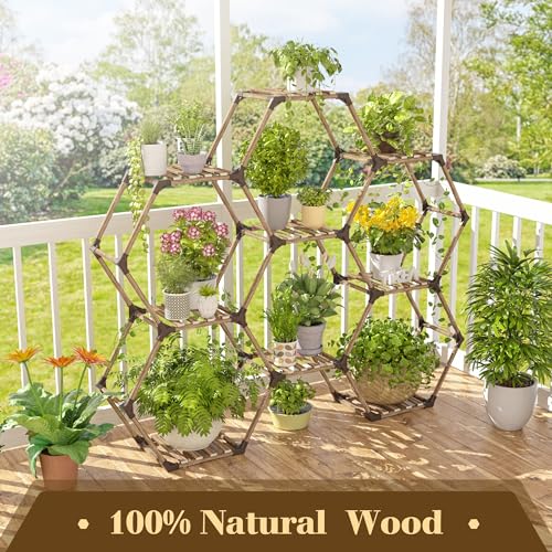 Tikea Plant Stand Indoor Hexagonal Plant Stand for Multiple Plants Indoor Outdoor Large Wooden Plant Shelf Creative DIY 6 Tiered Flowers Stand Rack for Living Room Balcony Patio Window