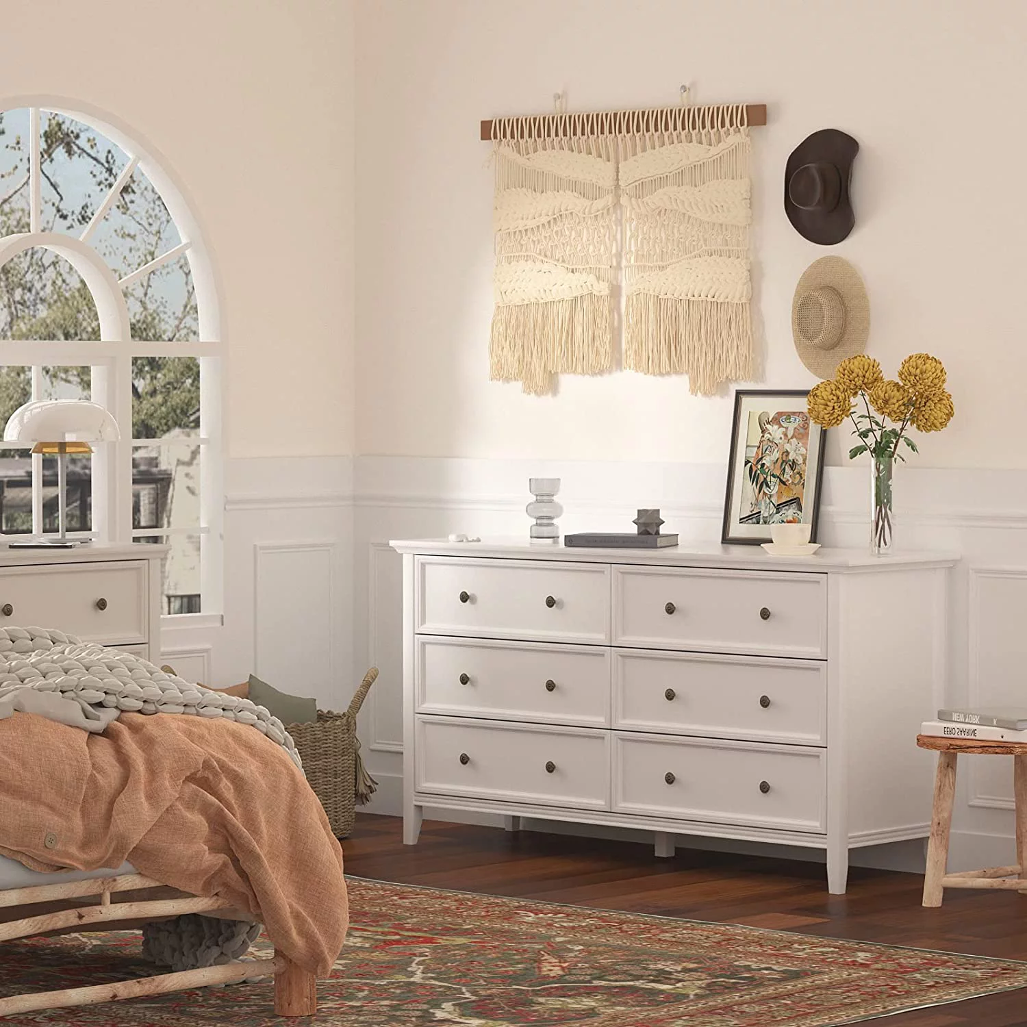 6 Drawer Double Dresser  55 inch Solid Wood Bedroom Dresser in White